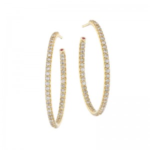 18KY LARGE HOOP EARRING WITH INSIDE/OUTSIDE PAVE DIAMONDS, .98CT. PIERCED BACKS