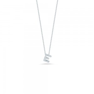 R.COIN 18K WHITE GOLD CHAIN /W BABY DIAMOND PENDANT LOVE LETTER "E" NECKLACE. 