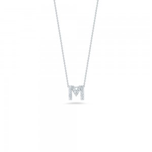 R.COIN 18K WHITE GOLD CHAIN /W BABY DIAMOND PENDANT LOVE LETTER "M" NECKLACE. 