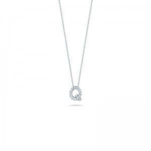 R.COIN 18K WHITE GOLD CHAIN /W BABY DIAMOND PENDANT LOVE LETTER "Q" NECKLACE. 