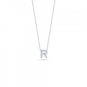 18K WHITE GOLD DIAMOND LOVE LETTER R NECKLACE. .06CT. 