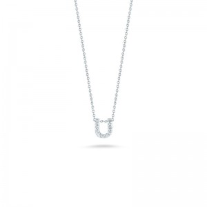 R.COIN 18K WHITE GOLD CHAIN /W BABY DIAMOND PENDANT LOVE LETTER "U" NECKLACE. 