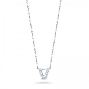 R.COIN 18K WHITE GOLD CHAIN /W BABY DIAMOND PENDANT LOVE LETTER "V" NECKLACE. 