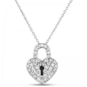 18K WHITE GOLD DIAMOND HEART LOCK PENDANT DIAM-0.25. 