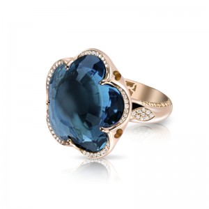 18K ROSE GOLD DIAMOND AND BLUE QUARTZ BON TON RING 0.28CT,QRTZ-23.50,GLD-6.14. 