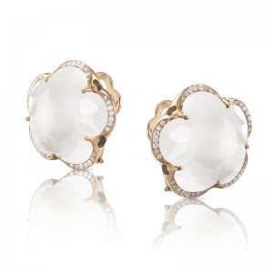 18K PINK GOLD DIAMONDS BON TON EARRINGS WHITE MILKY STONE 0.16, WHITE STONE19.63. 