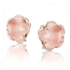 18K ROSE GOLD BON TON MILKY QUARTZ AND DIAMOND EARRINGS 0.17CT, QRTZ-20.39. 