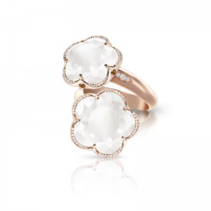 18K ROSE GOLD BON TON RING MILKY QUARTZ AND DIAMONDS 0.22CT, QUARTZ-15.23CT. 