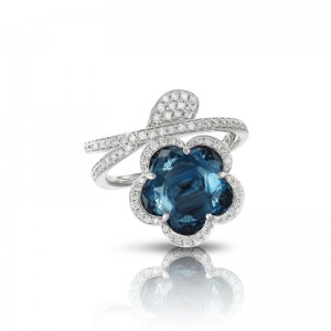 18K WHITE GOLD BON TON RING WITH DIAMONDS AND BLUE STONE DIAMOND .63CTW. SEM CUT 8.47 BLUE STONE