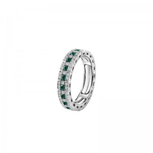 18K WHITE GOLD DIAMOND AND EMERALD WEDDING BAND 0.3000-DIA, 0.480-EMER. 