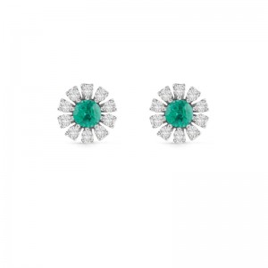 DAMIANI 18K WHITE GOLD DIAMOND AND EMERALD STUD EARRINGS  0.1500, EMERALD-0.160. 