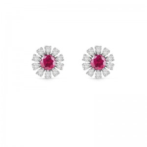 DAMIANI 18K WHITE GOLD SMALL DIAMOND FLOWER AND RUBY EARRINGS 0.1500 RUBY-0.180. 