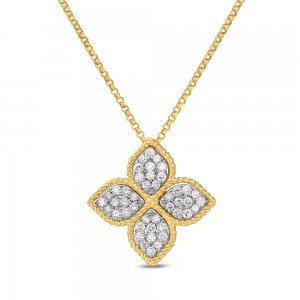 ROBERTO COIN 18K YELLOW AND WHITE GOLD DIAMOND PRINCESS FLOWER LARGE PENDANT. .45CT