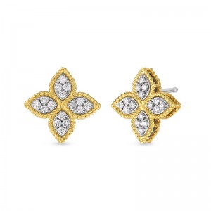 ROBERTO COIN 18K YELLOW AND WHITE GOLD DIAMOND PRINCESS FLOWER EARRINGS INDP. MEDIUM .38