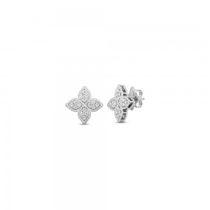 18K WHITE GOLD DIAMOND PRINCESS FLOWER EARRINGS INDP MED 0.38. 