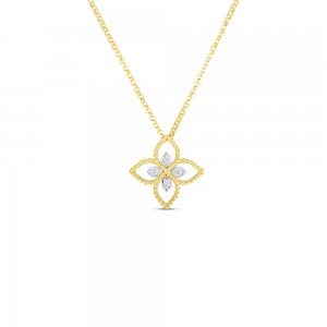 18K YELLOW WHITE GOLD DIAMOND PRINCIPESSA FLOWER NECKLACE. 