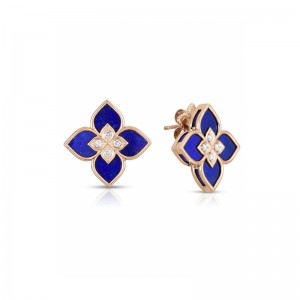 ROBERTO COIN ROSE GOLD VENETIAN PRINCESS LAPIS DIAMOND FRAME EARRINGS DIA-0.12. BLUE LAPIS 6.45