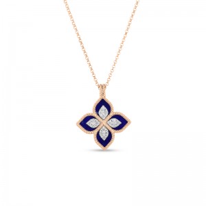 ROBERTO COIN 18K ROSE AND WHITE GOLD DIAMOND LAPIS VENETIAN PRINCESS NECKLACE. BLAP 3.69 DIAM 0.15