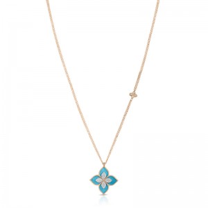 Roberto Coin 18k Rose Gold Ventien Princess Turquoise Diamond Pendat .75ctw dia. 10.10 Turquoise