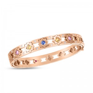 ROBERO COIN 18K ROSE GOLD NAVARRA DIAMOND AND MIX SAPPHAIER BANGLE. DIA-0.20 BS-0.33 PS-0.33 YS-0.50