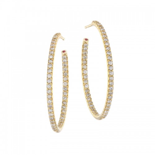 18KY LARGE HOOP EARRING WITH INSIDE/OUTSIDE PAVE DIAMONDS, .98CT. PIERCED BACKS