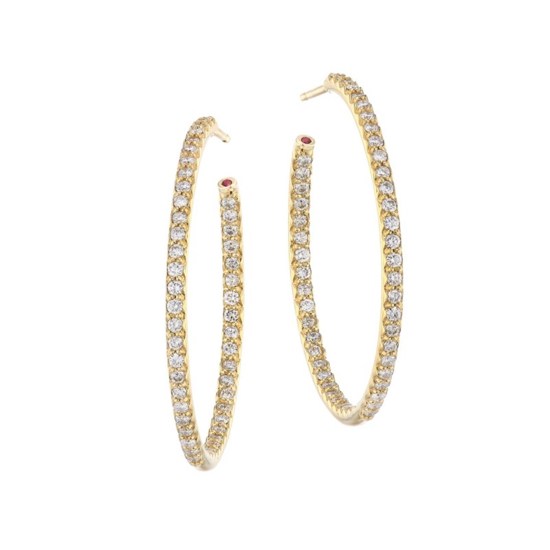 18KY LARGE HOOP EARRING WITH INSIDE/OUTSIDE PAVE DIAMONDS, .98CT. PIERCED BACKS