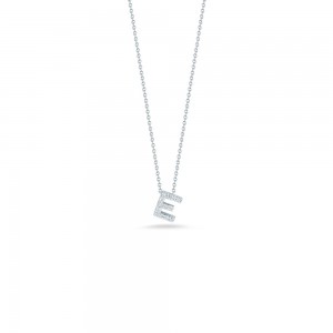 R.COIN 18K WHITE GOLD CHAIN /W BABY DIAMOND PENDANT LOVE LETTER "E" NECKLACE.