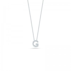 R.COIN 18K WHITE GOLD CHAIN /W BABY DIAMOND PENDANT LOVE LETTER "G" NECKLACE.