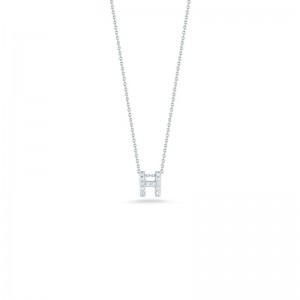 R.COIN 18K WHITE GOLD CHAIN /W BABY DIAMOND PENDANT LOVE LETTER "H" NECKLACE.