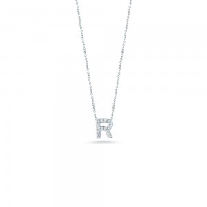 18K WHITE GOLD DIAMOND LOVE LETTER R NECKLACE. .06CT.