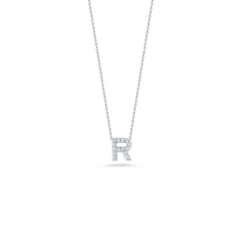 18K WHITE GOLD DIAMOND LOVE LETTER R NECKLACE. .06CT.