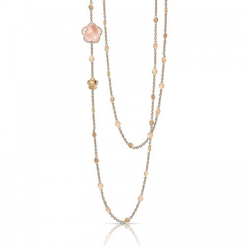 18K ROSE GOLD BON TON MILKY QUARTZ AND DIAMOND LONG NECKLACE 0.10CT QRTZ-10.27.