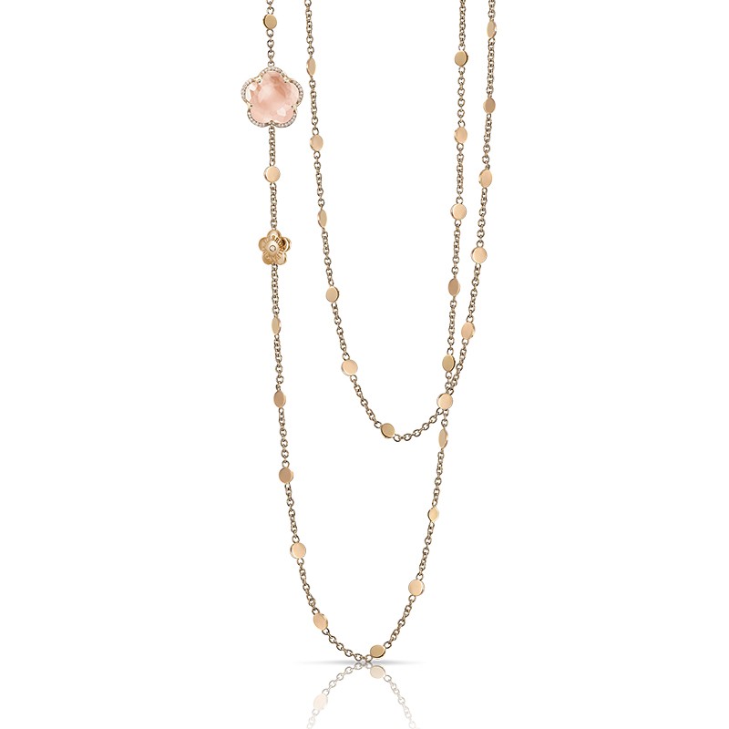 18K ROSE GOLD BON TON MILKY QUARTZ AND DIAMOND LONG NECKLACE 0.10CT QRTZ-10.27.