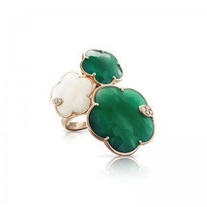 18K RED GOLD TON JOLI RING WITH GREEN AGATE, WHITE AGATE, AND DIAMONDS