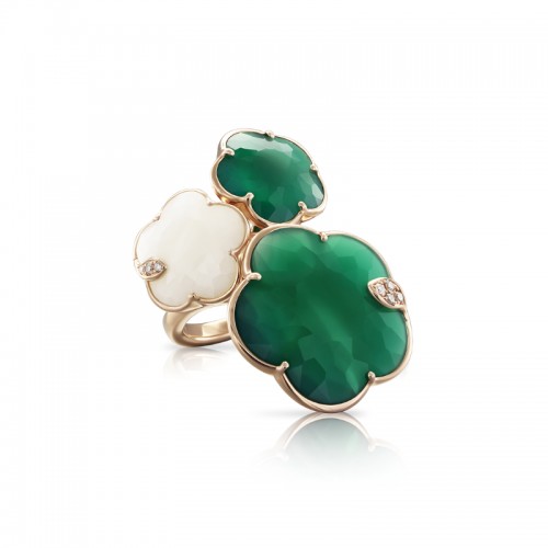 18K RED GOLD TON JOLI RING WITH GREEN AGATE, WHITE AGATE, AND DIAMONDS