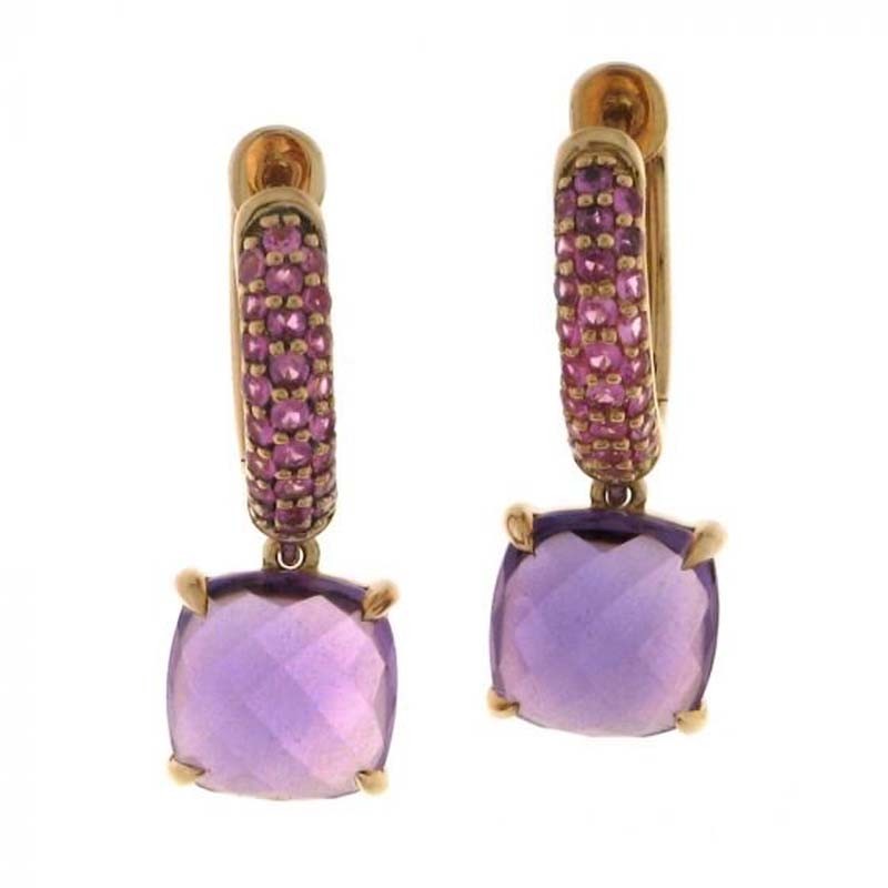 CHIMENTO RG PINK TINY HOOP W/SQUARE FACETED AMETHYST DROP EARRING.
