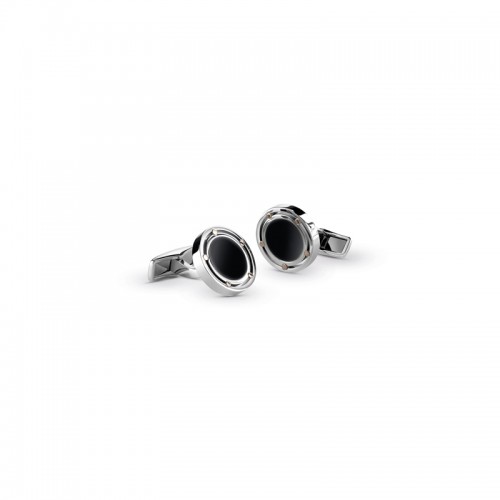 DAMIANI D-SIDE STEEL AND PINK GOLD DOTS BLACK ONYX CUFFLINKS.