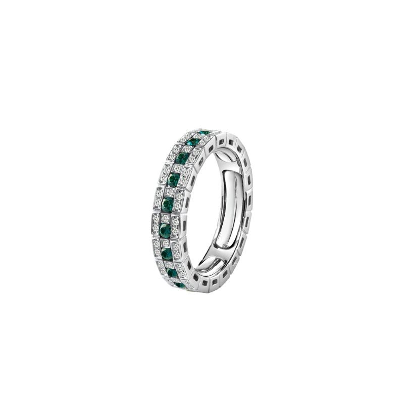 18K WHITE GOLD DIAMOND AND EMERALD WEDDING BAND 0.3000-DIA, 0.480-EMER.