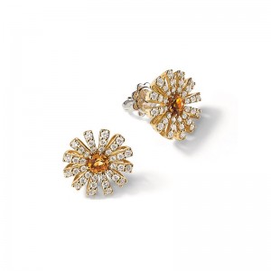 Damiani 18k Yellow Gold Flower Diamond and Citrine Studs 0.85ctw.