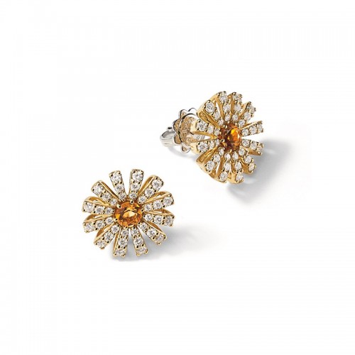 Damiani 18k Yellow Gold Flower Diamond and Citrine Studs 0.85ctw.