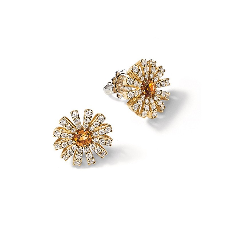 Damiani 18k Yellow Gold Flower Diamond and Citrine Studs 0.85ctw.
