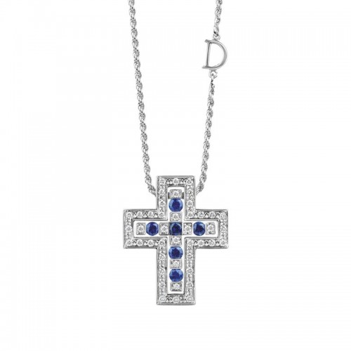Damiani 18k white gold Belle Epoque cross necklace with diamonds and sapphires