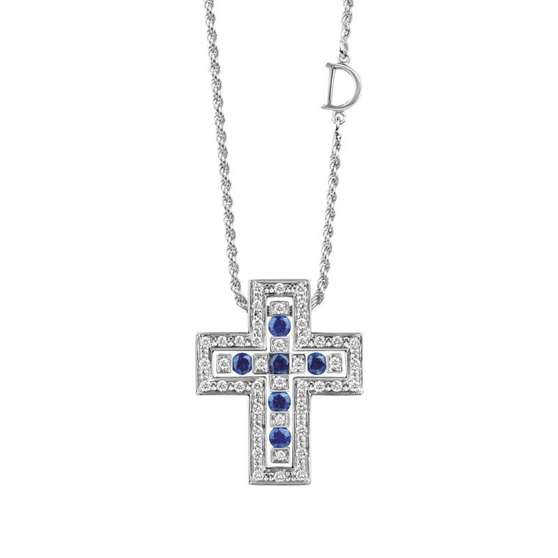 Damiani 18k white gold Belle Epoque cross necklace with diamonds and sapphires