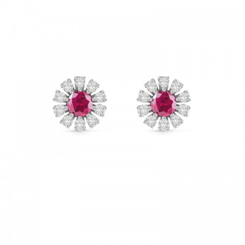 DAMIANI 18K WHITE GOLD SMALL DIAMOND FLOWER AND RUBY EARRINGS 0.1500 RUBY-0.180.