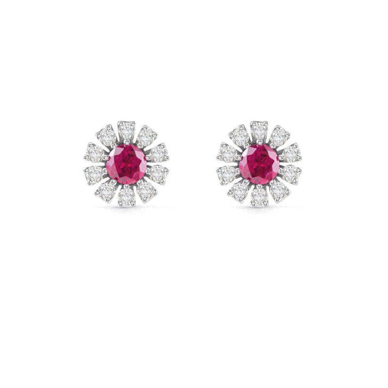 DAMIANI 18K WHITE GOLD SMALL DIAMOND FLOWER AND RUBY EARRINGS 0.1500 RUBY-0.180.