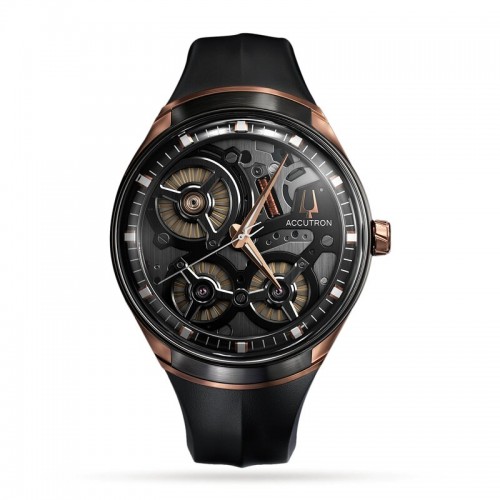 ACCUTRON 45MM DNA WITH BLACK AND ROSE GOLD SKELETON DIAL AND BLACK RUBBER STRAP