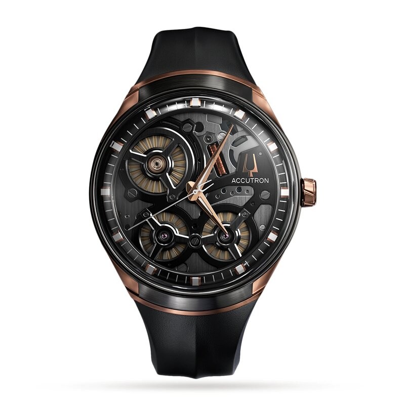 ACCUTRON 45MM DNA WITH BLACK AND ROSE GOLD SKELETON DIAL AND BLACK RUBBER STRAP