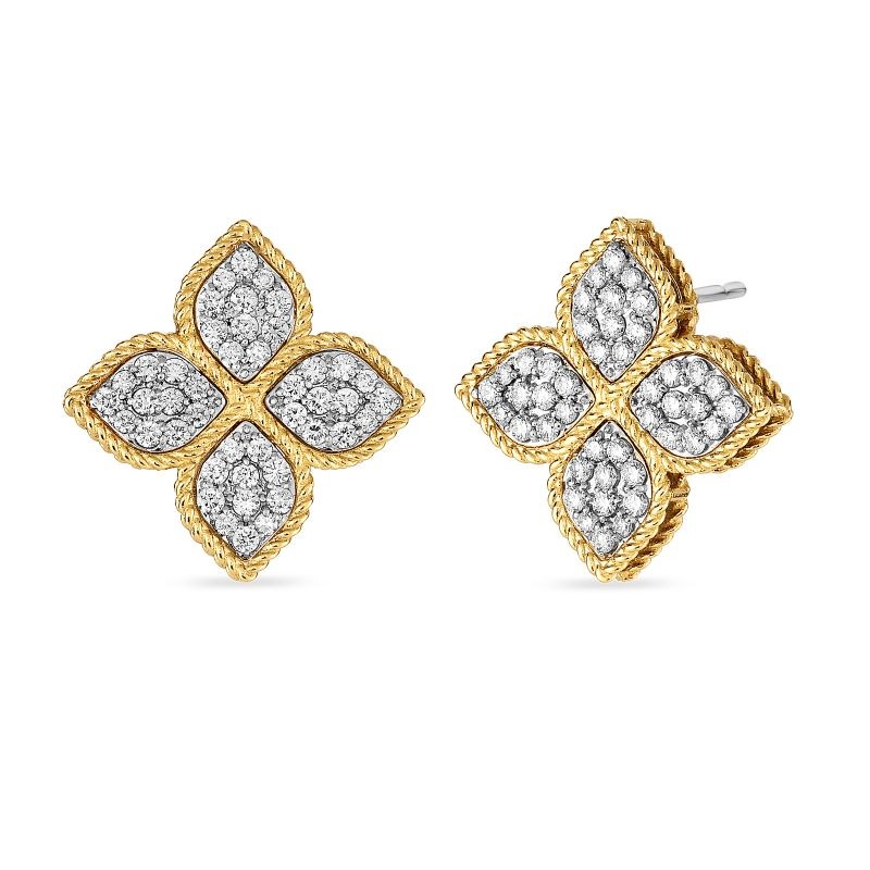 ROBERTO COIN 18K YELLOW AND WHITE GOLD DIAMOND PRINCESS FLOWER EARRINGS INDP. .90CT