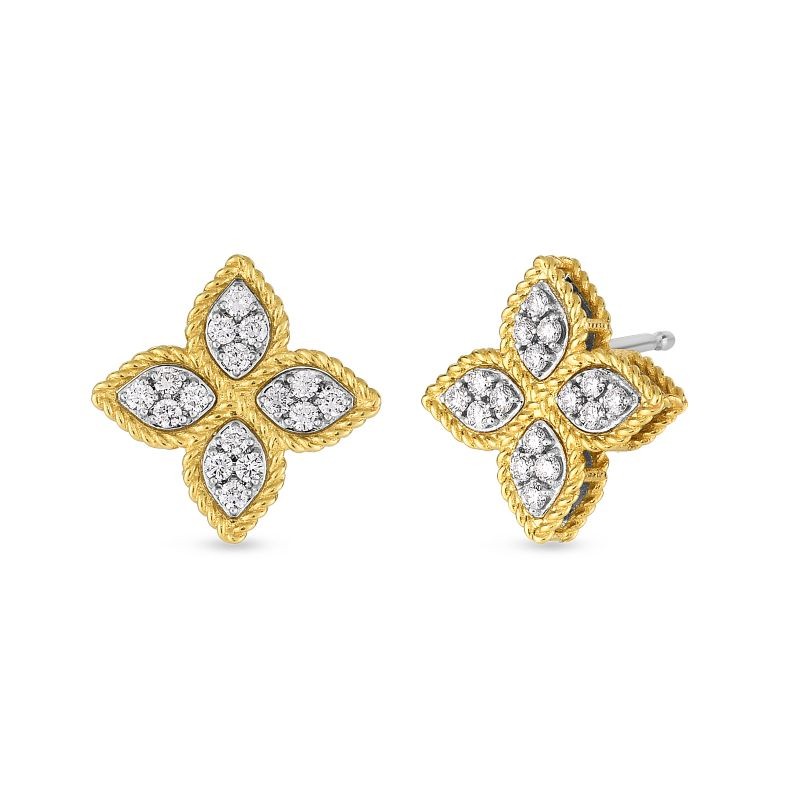 ROBERTO COIN 18K YELLOW AND WHITE GOLD DIAMOND PRINCESS FLOWER EARRINGS INDP. MEDIUM .38