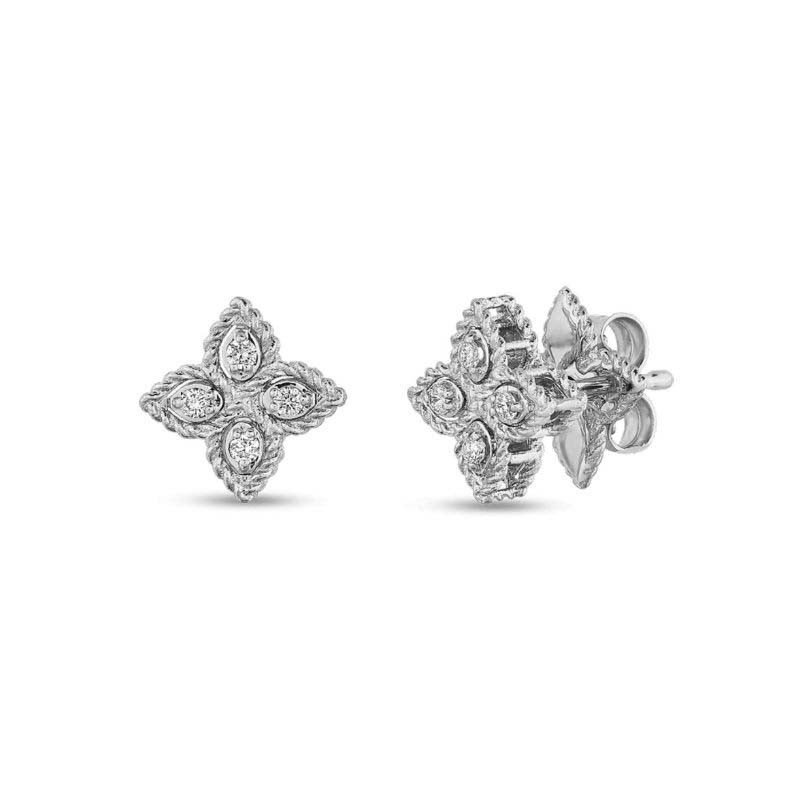 ROBERTO COIN - 18K WHITE GOLD DIAMOND PRINCESS FLOWER EARRINGS SMALL SIZE. 0.07CTS